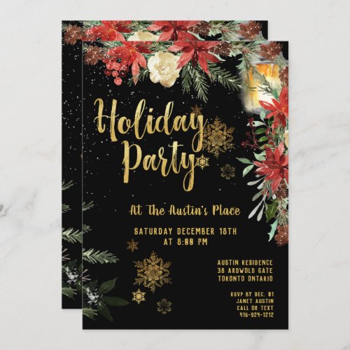 Gold Calligraphy Floral Greenery Holiday Party Invitation