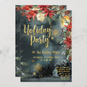 Gold Calligraphy Floral Greenery Holiday Party Invitation
