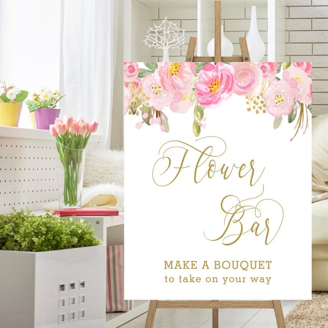 Gold Calligraphy Floral Pink Flower Bar Easel Foam Board (Flower Bar bridal shower sign from my Pink and Gold Watercolor Floral Collection)