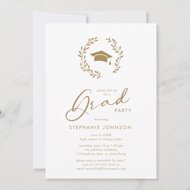 Gold Calligraphy Grad Cap Wreath Graduation Party Invitation (Front)