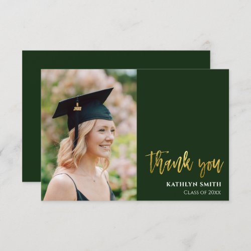Gold Calligraphy Green Modern Photo Graduation Thank You Card
