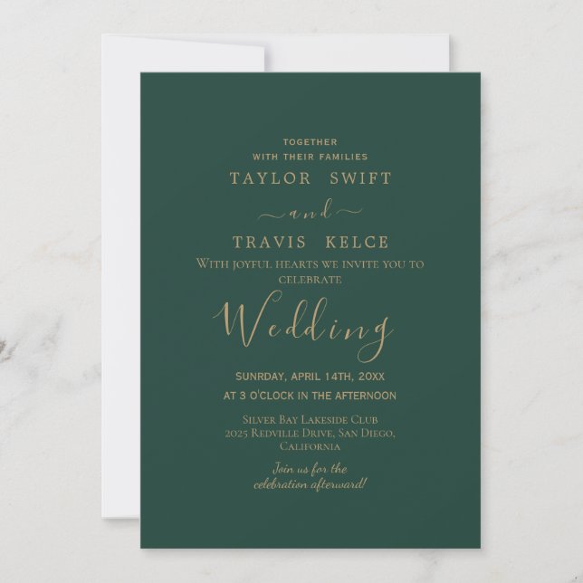 Gold Calligraphy Green Wedding Invitation (Front)