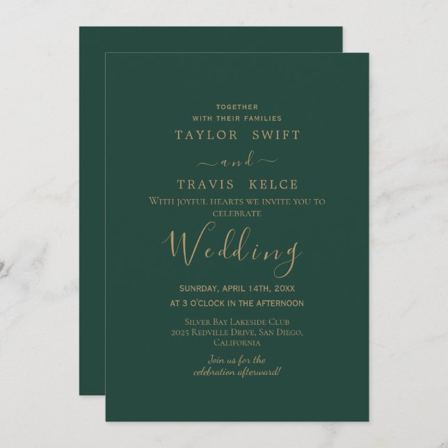 Gold Calligraphy Green Wedding Invitation (Front/Back)