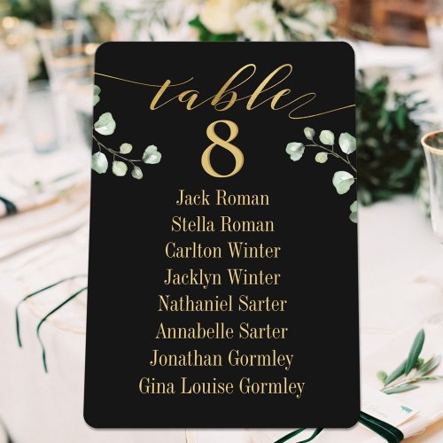 Gold Calligraphy Greenery Black Seating Chart Card