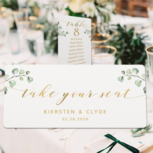Gold Calligraphy Greenery Take Your Seat Top Card