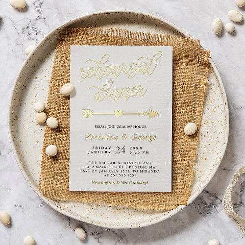 Gold Calligraphy  Heart Arrow Rehearsal Dinner Foil Invitation