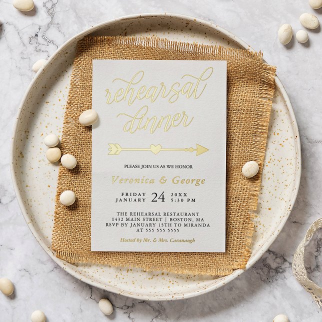 Gold Calligraphy & Heart Arrow Rehearsal Dinner Foil Invitation (Creator Uploaded)