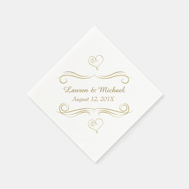 Gold Calligraphy Hearts Swirl Wedding Napkins (Corner)