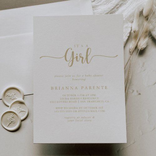 Gold Calligraphy Its A Girl Baby Shower  Invitation