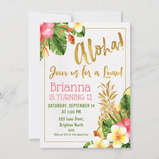 Gold Calligraphy Luau Birthday Invitation (Front)