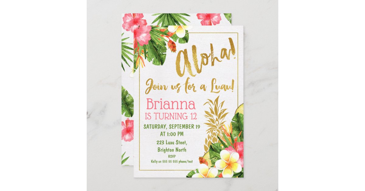 Gold Calligraphy Luau Birthday Invitation | Zazzle