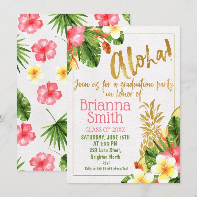 Gold Calligraphy Luau Graduation Invitation (Front/Back)