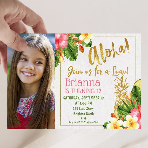 Gold Calligraphy Luau Photo Birthday Invitation