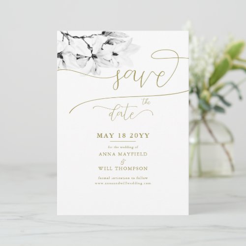 Gold Calligraphy Magnolia Wedding Save the Date Invitation