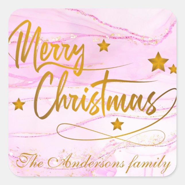 Gold Calligraphy Merry Christmas Personalized pink Square Sticker (Front)