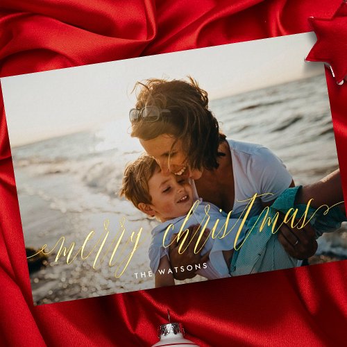 Gold Calligraphy Merry Christmas Photo Foil Holiday Card