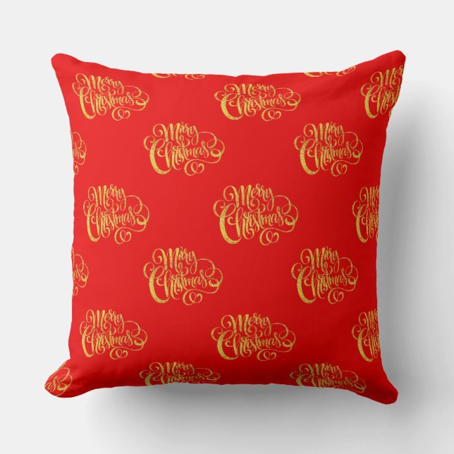Gold Calligraphy Merry Christmas Throw Pillow (Front)
