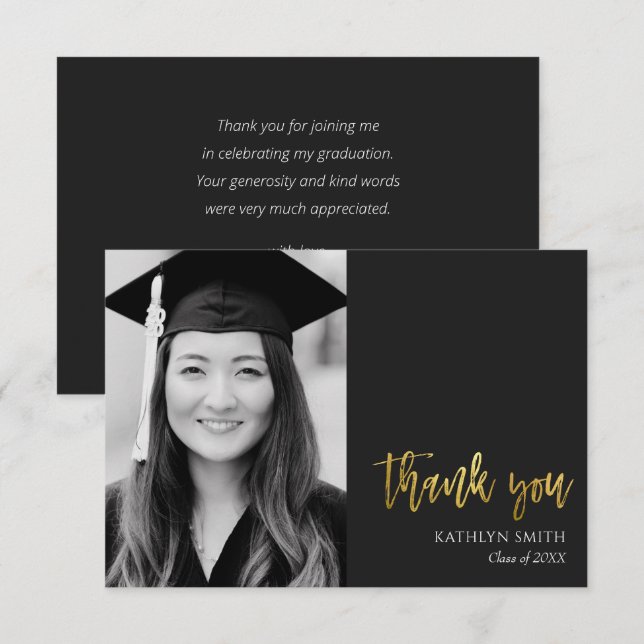 Gold Calligraphy Modern Photo Graduation Thank You Card (Front/Back)