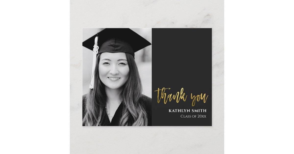 Gold Calligraphy Modern Photo Graduation Thank You Postcard | Zazzle