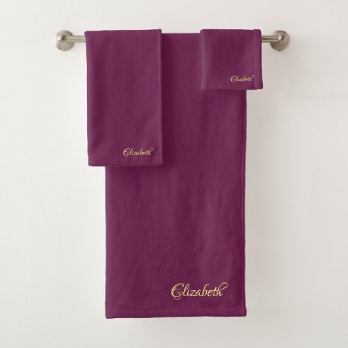Gold Calligraphy Name Bordeaux Trendy Template Bath Towel Set