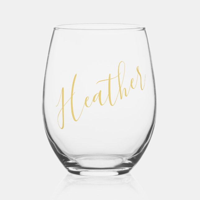 Gold calligraphy name custom bridesmaid gift stemless wine glass (Front)