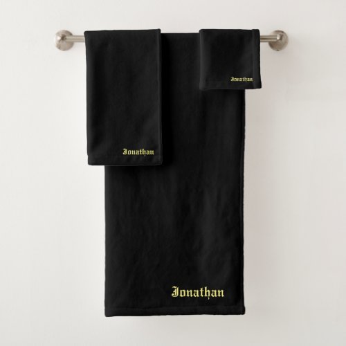 Gold Calligraphy Name Elegant Black Vintage Retro Bath Towel Set