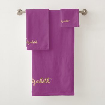 Gold Calligraphy Name Stylish Bordeaux Template Bath Towel Set by art_grande at Zazzle