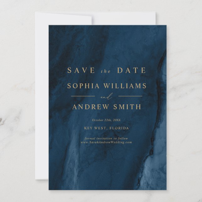 Gold Calligraphy & Navy Blue Save the Date Invitation (Front)