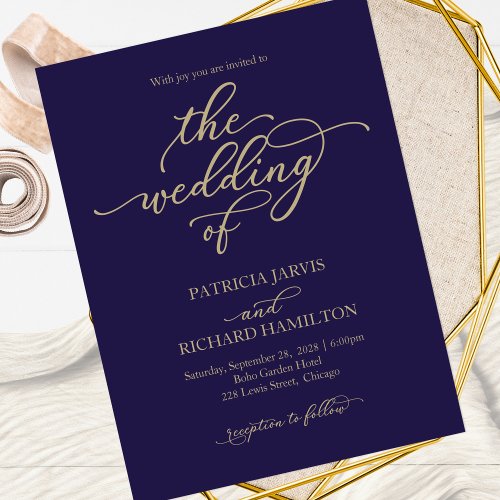 Gold Calligraphy Navy Blue Wedding Invitation Postcard