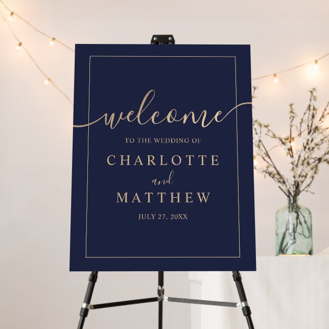 Gold Calligraphy Navy Blue Welcome Wedding Foam Board (In Situ (Stand))