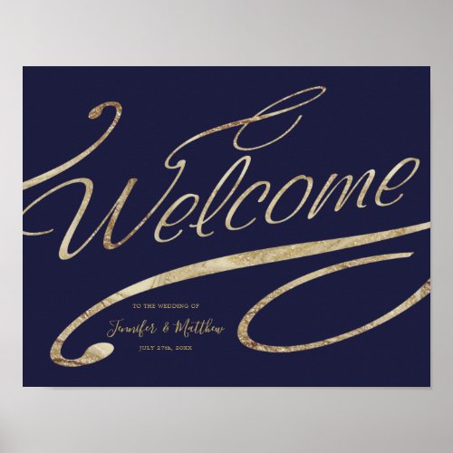 Gold Calligraphy Navy Blue Welcome Wedding Poster