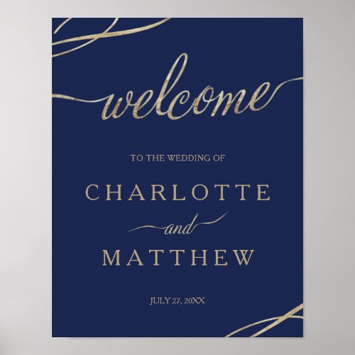 Gold Calligraphy Navy Blue Welcome Wedding Poster