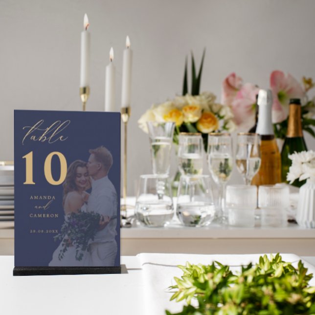  Gold Calligraphy Navy Photo Wedding Table Number (Creator Uploaded)