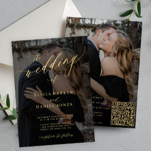 Gold calligraphy overlay photo QR CODE wedding Invitation