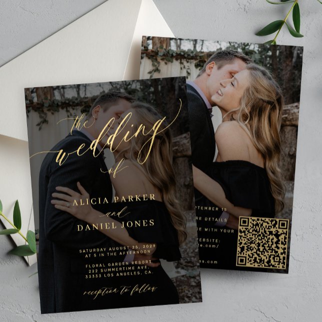 Gold calligraphy overlay photo QR CODE wedding Invitation (Creator Uploaded)