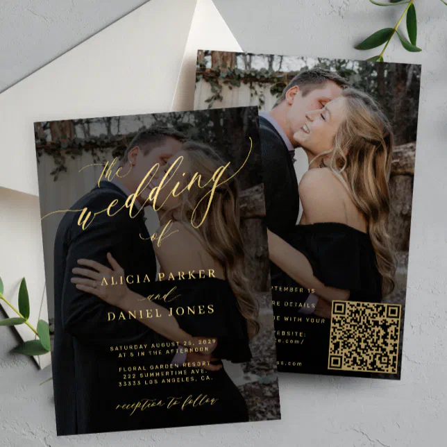 Gold calligraphy overlay photo QR CODE wedding Invitation | Zazzle