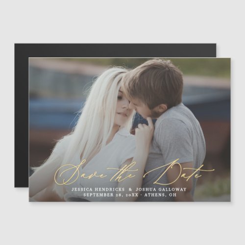 Gold Calligraphy Overlay Photo Save the Date Magnetic Invitation