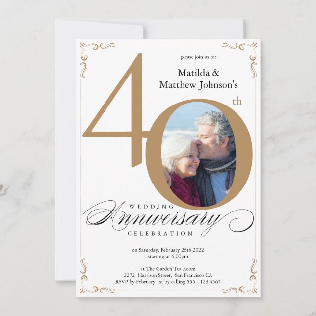 Gold Calligraphy Photo 40th Wedding Anniversary Invitation (Front)
