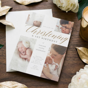 Gold Calligraphy Photo Christening & 1st Birthday  Invitation