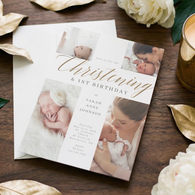 Gold Calligraphy Photo Christening & 1st Birthday  Invitation (Gold Calligraphy Photo Christening & 1st Birthday Invitation)