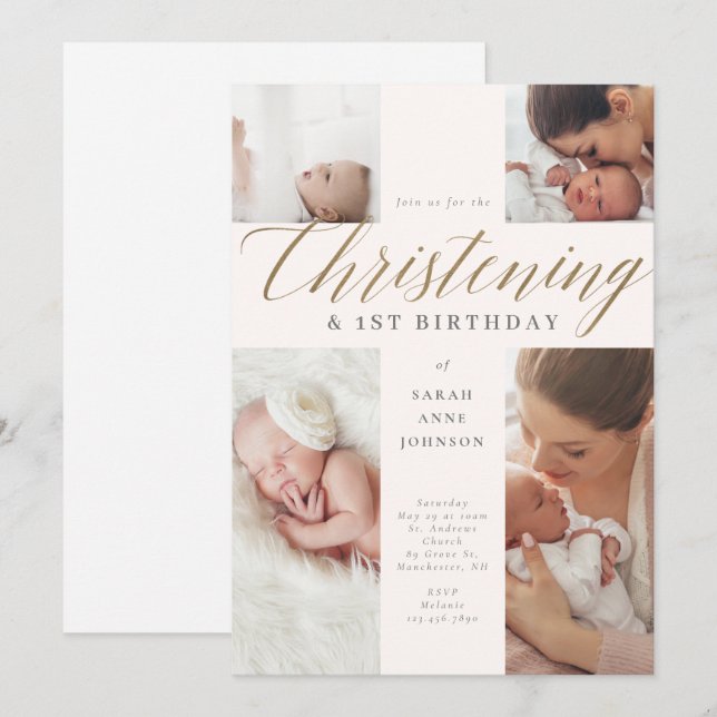 Gold Calligraphy Photo Christening & 1st Birthday  Invitation (Front/Back)