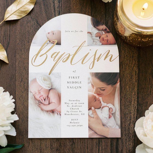 Gold Calligraphy Photo Collage Baby Baptism Cross Invitation (Gold Calligraphy Photo Collage Baby Baptism Cross Invitation)