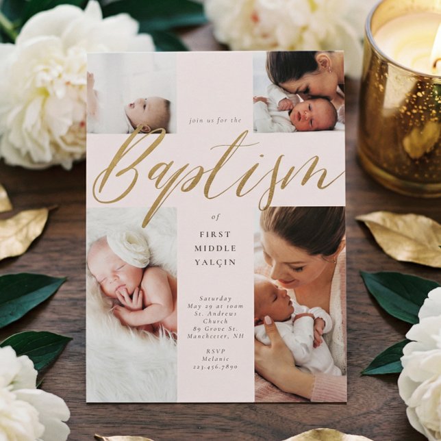 Gold Calligraphy Photo Collage Baby Baptism Cross Invitation (Gold Calligraphy Photo Collage Baby Baptism Cross Invitation)