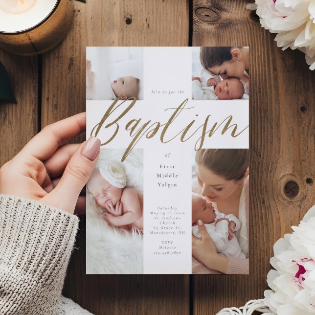 Gold Calligraphy Photo Collage Baby Baptism Cross Invitation (Gold Calligraphy Photo Collage Baby Baptism Cross Invitation)