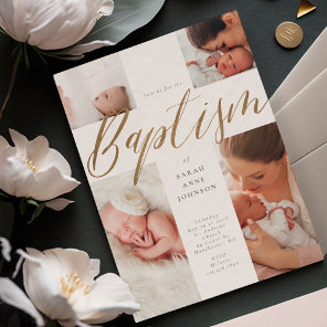 Gold Calligraphy Photo Collage Baby Baptism Cross  Invitation