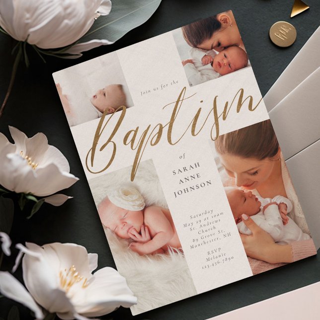 Gold Calligraphy Photo Collage Baby Baptism Cross  Invitation (Gold Calligraphy Photo Collage Baby Baptism Cross Invitation)