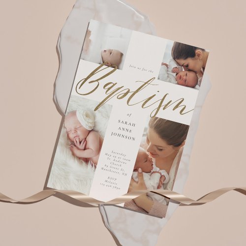 Gold Calligraphy Photo Collage Baby Baptism Cross Invitation