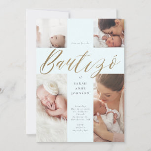 Gold Calligraphy Photo Collage Baby Bautizó Cross Invitation