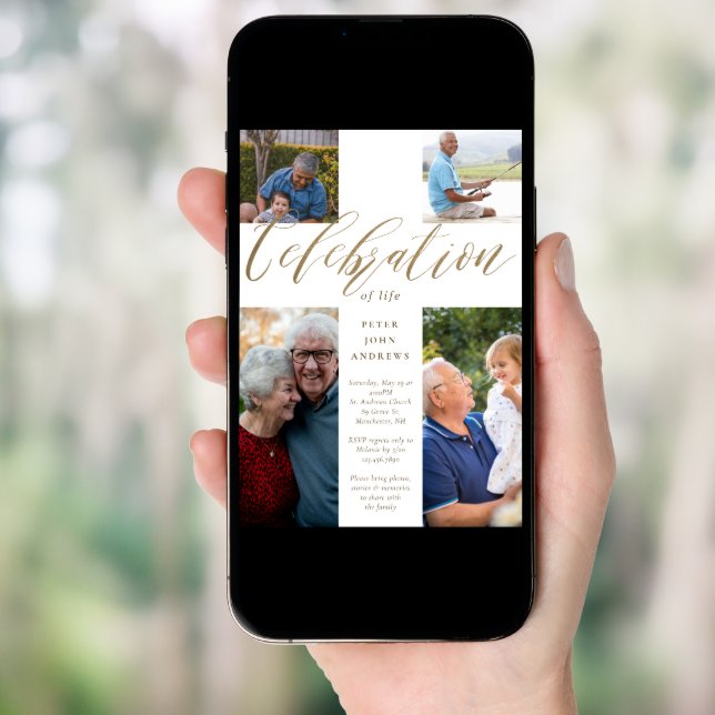 Gold Calligraphy Photo Cross Celebration of Life Invitation (Front Digital)