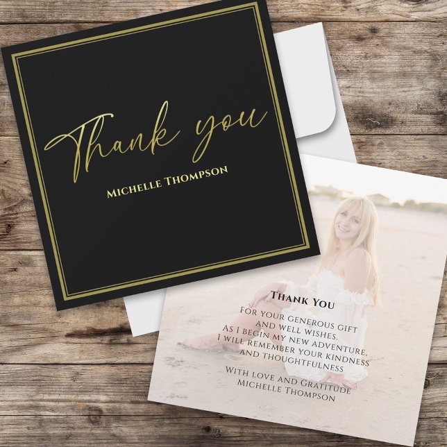 Gold Calligraphy Photo Graduation Thank You Card (Black and gold script graduation thank you card with coordinating envelope and photo.)